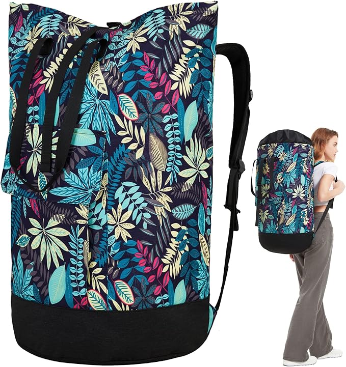 Laundry Bag for College,115L Backpack Extra Large Heavy Duty, Gifts College Dorm, Dorm Room Essentials Girls, Dirty Clothes Travel, Beach, Camping, Apartment and Laundromat, Leaves Jungle