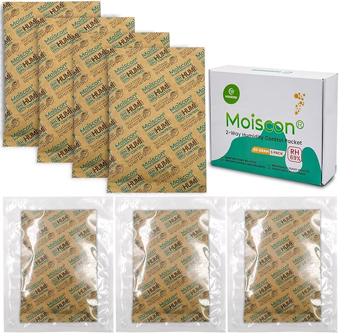 60 Gram 5 Pack 69% Two-Way Humidity Control Packs, Size 60 for Plastic Travel Case & Zip Lock Bags & Wood Containers, 69 Humidity Pack Humidifier Moisture Control Packets Individually Wrapped