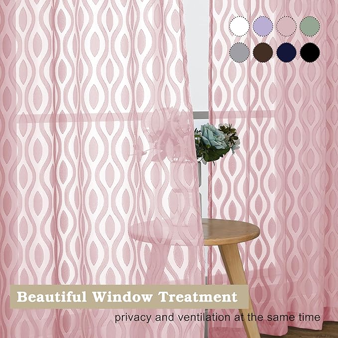 Aiyufeng Blush Pink Sheer Curtains 84 Inches Long 2 Panels Set, Soft Airy Lightweight Transparent Wavy Line Jacquard Farmhouse Curtians for Bedroom Living Room, Dual Rod Pocket, Total 80 inches Width