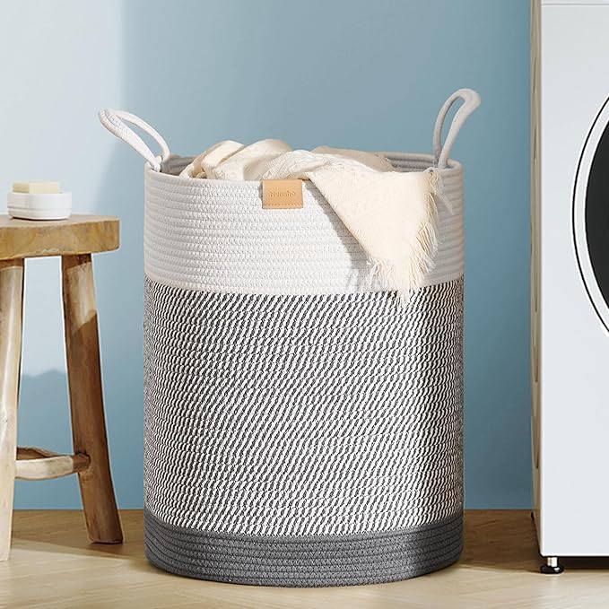 Laundry Hamper 62L,Large Laundry Basket for Clothes,Decorative Storage Basket for Blankets,Cotton Rope Woven basket for bedroom,Grey White