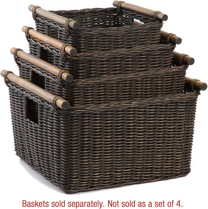 The Basket Lady Deep Pole Handle Wicker Storage Basket, Medium, 13.5 in L x 14 in W x 9 in H, Antique Walnut Brown