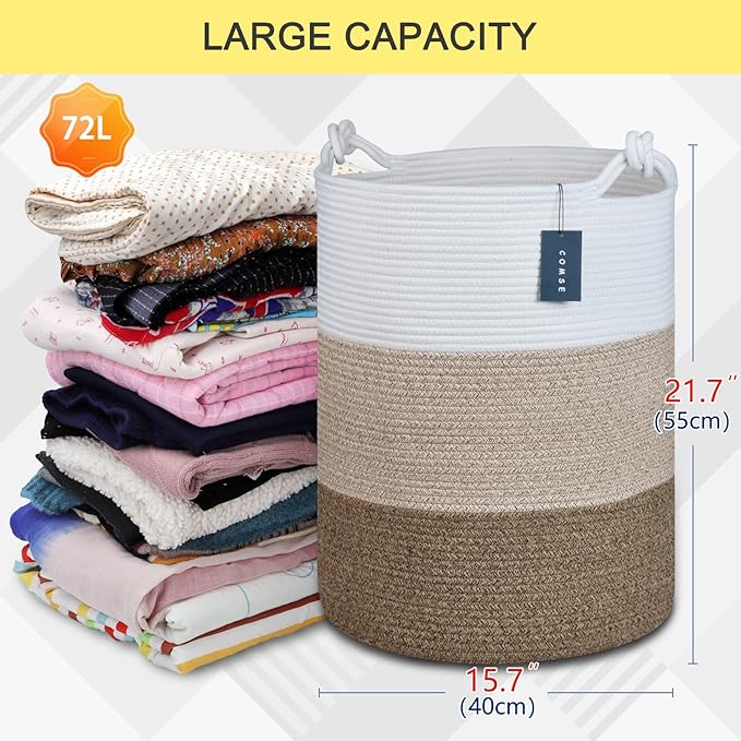 COMSE Extra Large Blanket Basket, Tall Woven Storage Basket, Nursery Hamper, 15.7”x 21.7”, Cotton Rope Laundry Hamper for Toys Clothes Towels, White/Gradient Brown