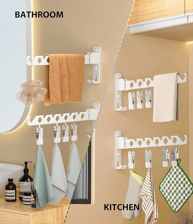Wall Mount Coat Hanger Holder White Clothes Drying Organizer Rack Garment Hooks Aluminium Retractable Folding Indoor Wall Mounted Hanger Space Saver for Laundry Room Bedroom White 2 Pack with 8 Hooks