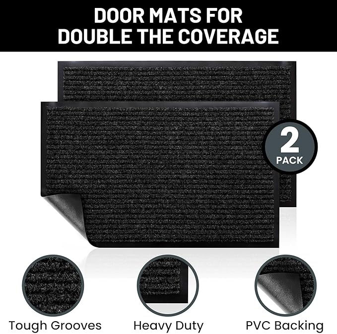 Sierra Concepts 2-Pack Front Door Mat Ribbed Black - Indoor Outdoor Floor Doormat Entryway Welcome Mats - Entrance Shoe Scraper, Entry Inside Outside Garage, 30" x 17"