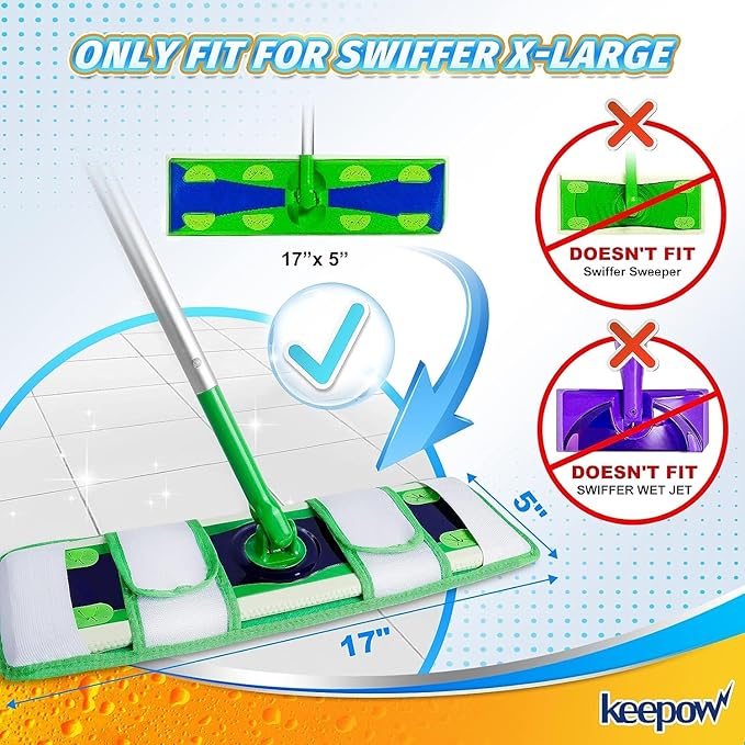 KEEPOW XL Mop Pads Compatible with Swiffer Sweeper XL, 6 Pack Wet Pads Refills Dry Sweeping Cloths, Reusable Pads for X-Large