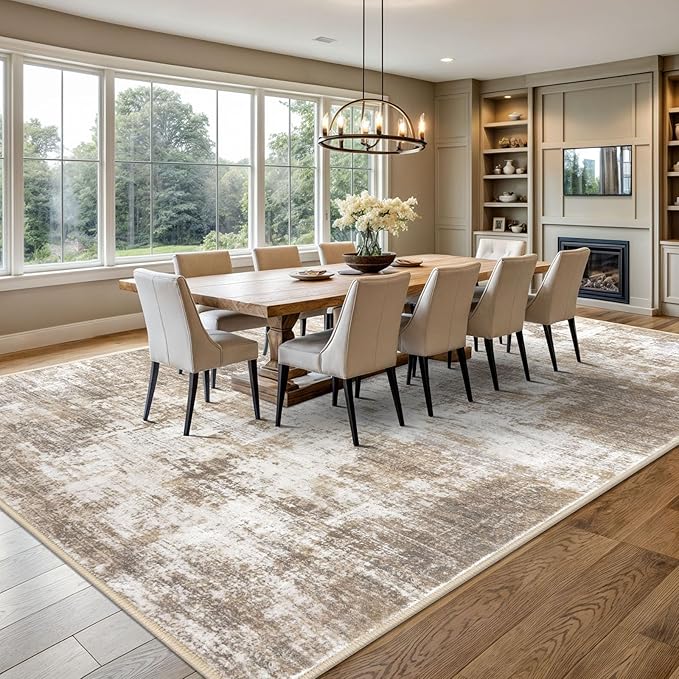 IOHOUZE Abstract Area Rugs 9x12 Ft Washable Large Rugs for Living Room, Non Slip Dining Room Rug, Printed Faux Wool Rugs for Bedroom, Floor Carpet for Office Nursery Playroom, Beige Brown