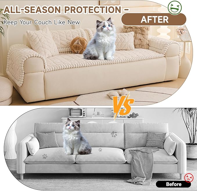 OTOB Couch Covers for 3 Cushion Couch Sofa Pet Friendly, Washable & Non Slip Geometric Jacquard Modern Plush Fuzzy Sofa Slipcovers Protector, All Season Soft Pet Couch Cover (White, 27.6"x82.7")