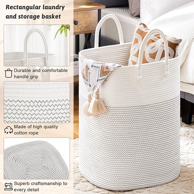 Laundry Basket,Woven Cotton Rope Laundry Hamper,Versatile Storage for Dirty Clothes,Baby Toys,and Blankets in Bathroom, Nursery,and Living Room (White, 80L)