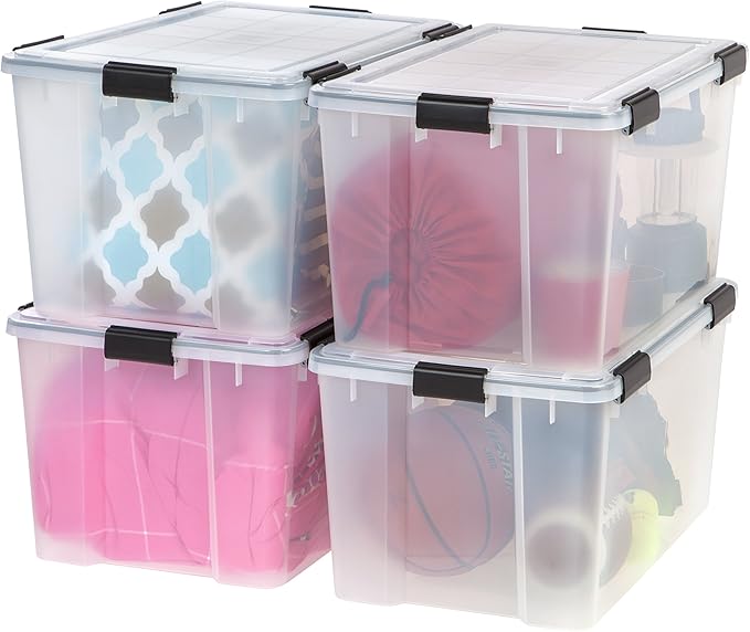 IRIS USA 4-Pack WeatherPro 74 Qt Clear Plastic Gasket Boxes with Latching Lids – Weathertight Heavy Duty Stackable Storage Containers for Clothes, Food, Tools or Camping Gear