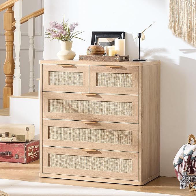 LEYAOYAO Rattan Dresser for Bedroom Set of 2, 33.5" Tall Chest of Drawers, Modern 5 Drawers Boho Dressers with Storage, Light Oak Dresser Wooden Closet Organizer for Living Room, Hallway, Natural Wood
