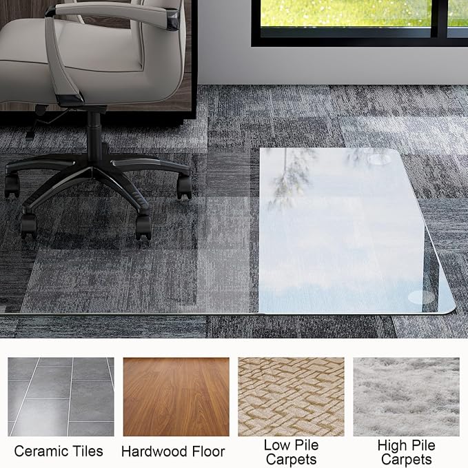GLSLAND 47"x32" Tempered Glass Chair Mat Heavy-Duty Floor Protector for Carpet & Hard Floors Scratch-Resistant Office Computer Desk Mats Clear