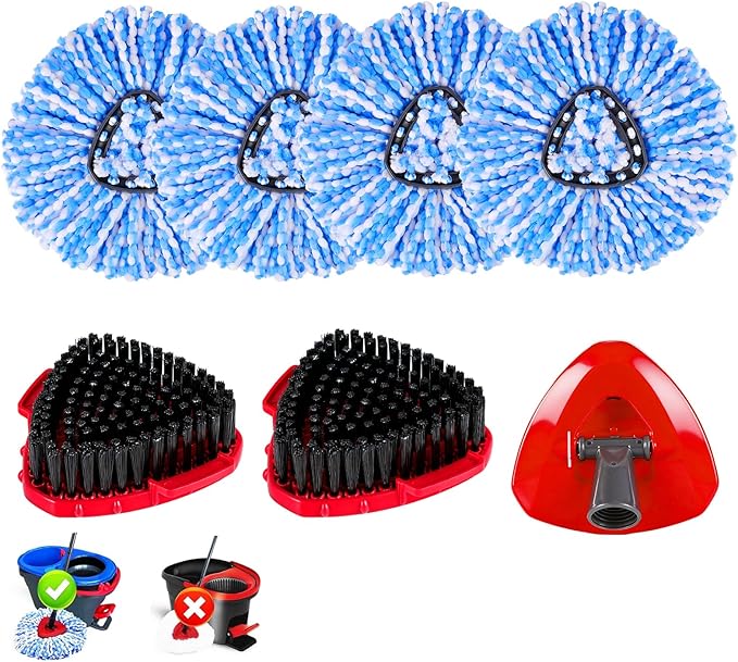 7 Pack Spin Mop Head for O-Ceda RinseClean 2 Tank System, 4 Triangle Microfiber Mop Replacement Refills, 2 Upgraded Scrub Brush & Base Head Deep Clean Mop Head for Home Office Bathroom