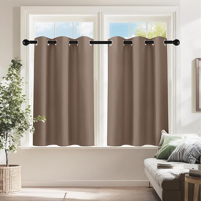 PONY DANCE Small Curtains for Bathroom Windows, Blackout Blinds Shades for Bedroom Dorm Storage Cabinet Door Kitchen Basement Farmhouse Decor, W 34 x L 36 inches, Mocha, 2 Panels
