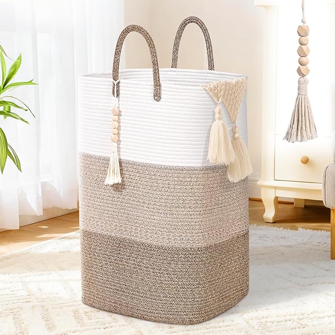Woven Laundry Basket for Clothes,65 L Large Rectangle Laundry Hampers with Beads Tassel, Nursery Storage Basket for Toys, Tall Dirty Clothes Hamper for Bedroom Aesthetic, Laundry Room Organization