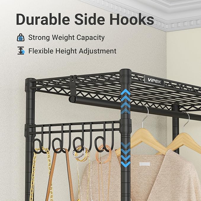 VIPEK R3C Rolling Clothes Rack with Cover Portable Closet for Hanging Clothes, Heavy Duty Garment Rack Freestanding Racks with Wheels&Side Hooks, Black Rack with Black Upgraded Polyester Cover