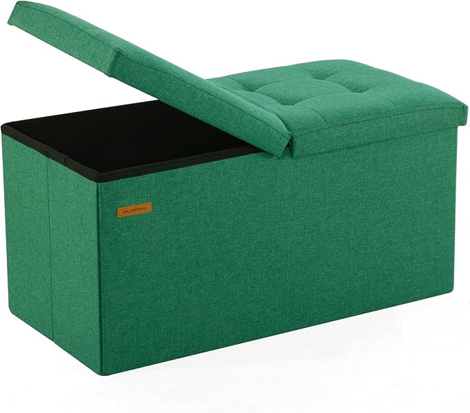 HAUSFRAU - 30 Inches Storage Ottoman Bench with Flipping Lid, Foldable Storage Chest Foot Rest for Living Room, Bedroom, Entryway, Load 660 lb, Linen Green