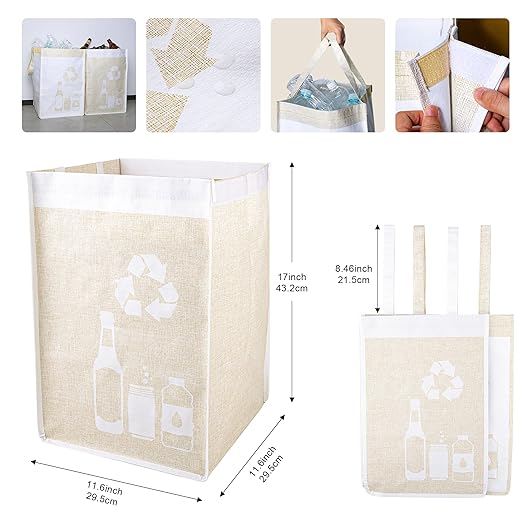 Recycle Waste Bag for Kitchen Home- Indoor Recycling Bins Trash Sorting Organizer, Reusable and Waterproof, Yellow, 2 Pack