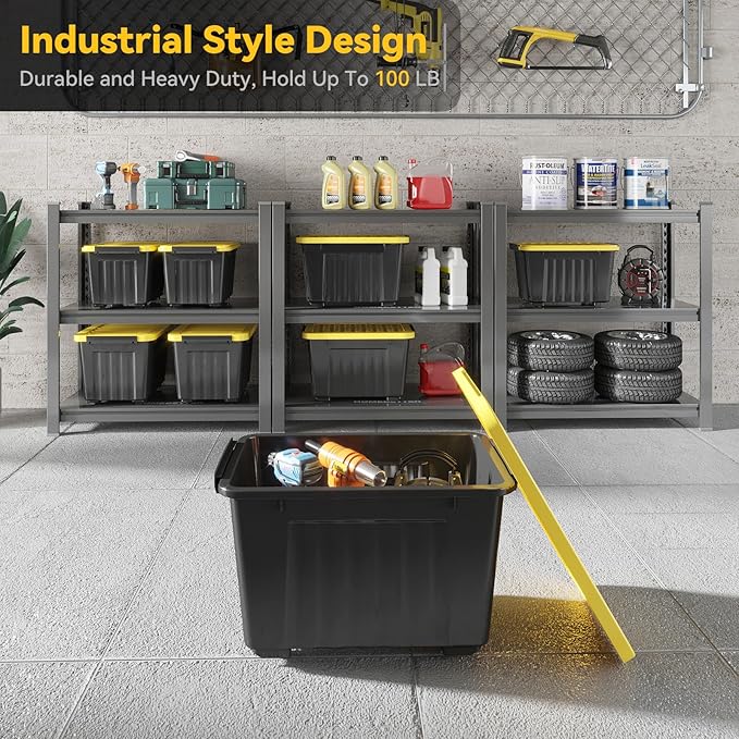 Nazhura 72Quart Plastic Storage Bin, Stackable and Nestable Storage Boxes with White Lids and Secure Latching Buckles, Large Storage Container (Black/Yellow, 72Quart-6Pack)