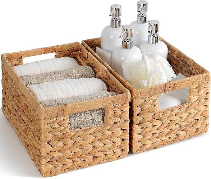 Set of 2 Wicker Shelf Storage Baskets for Organizing - Natural Durable Water Hyacinth Woven Basket Pantry Bin Organizers for Shelves with Handles for Home & Decor Organization, 12.5” x 8” x 6.5”