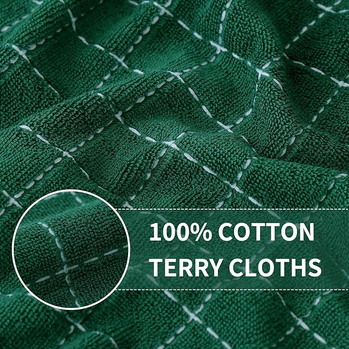 Homaxy 100% Cotton Terry Kitchen Towels(Dark Green, 13 x 28 inches), Checkered Designed, Soft and Super Absorbent Dish Towels, 4 Pack