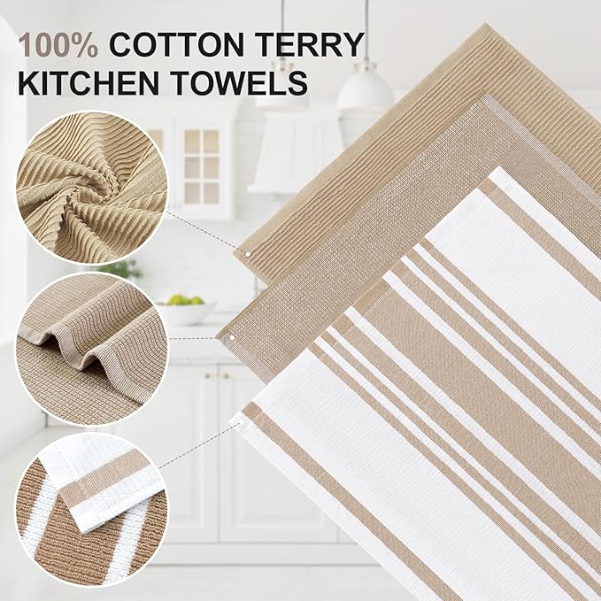 Homaxy Premium Kitchen Towels(18”x 28”, 6 Pack), Large Cotton 380 GSM Kitchen Hand Towels, Soft and Absorbent Terry Dish Towels, Multipurpose Tea Towel Set with Hanging Loop, Khaki