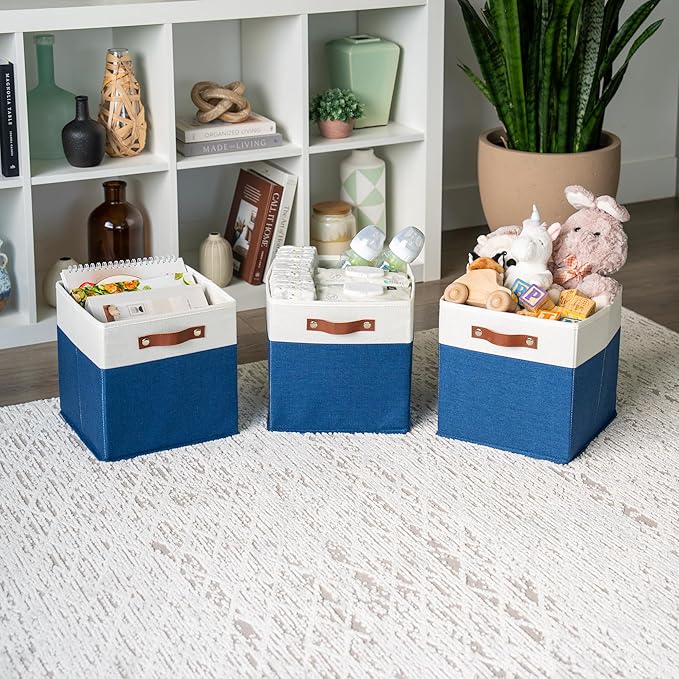 OrganiHaus 11x11 Fabric Cubes Storage Bins Set of 4, Foldable Collapsible Fabric Storage Bins for Organizer, Cubbies Organizer for Kallax, Linen Cube Shelf Baskets, Toy Organizing boxes - Navy Blue