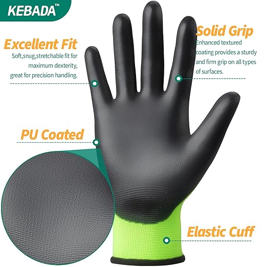 Kebada W1 Work Gloves for Men and Women, Touchscreen PU Coated Gloves with Grip, 50 Pairs Bulk Pack, Ideal for Warehouse Package Handling, Construction, Gardening, Green Small