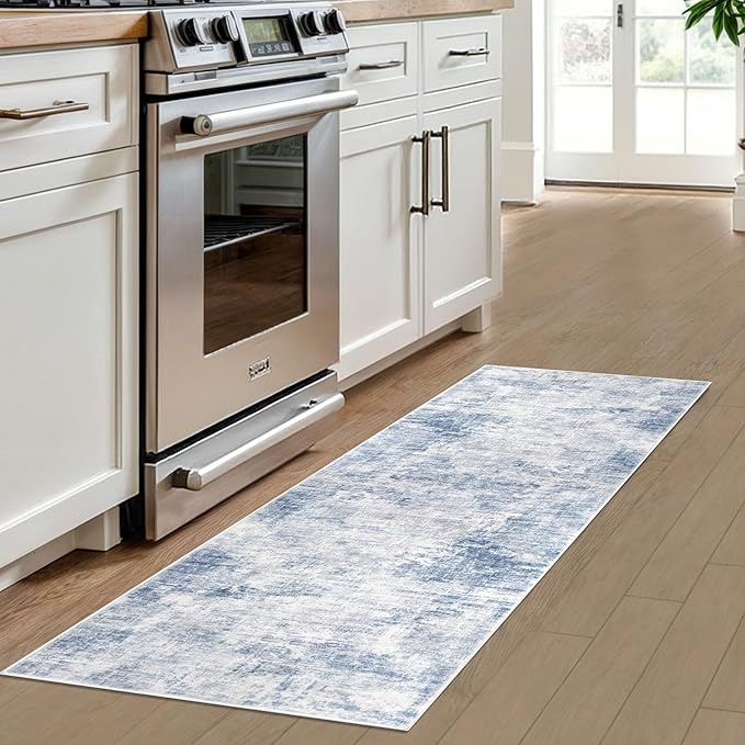 IOHOUZE Abstract Runner Rug 2x6 Ft Washable Runners for Hallways, Non Slip Kitchen Runner Printed Faux Wool Entryway Runner Indoor, Modern Abstract Floor Carpet for Hall Bedroom, Light Blue White