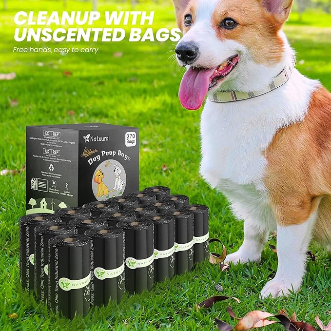 Certified Compostable Dog Poop Bags-270 Bags 18Rolls, Poop Bags for Dogs Made of Cornstarch - ASTM D6400 By USA, Leakproof Easy Open, Unscented Dog Waste Bags (Black)