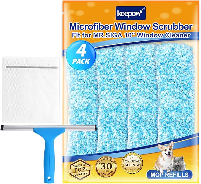 KEEPOW 10" Microfiber Window Scrubber Refill Replacement Compatible with MR.SIGA Professional Window Cleaning, Reusable Squeegee Cloth Sleeve (4 Pack)