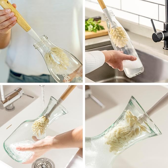 Vigar Zeroline 10.2" Long Bamboo Dish Brush, Ideal Dish Brush for Cups, Wine Glass, Tumbler, Blender Bottles, and Glass Water Bottles for The Kitchen
