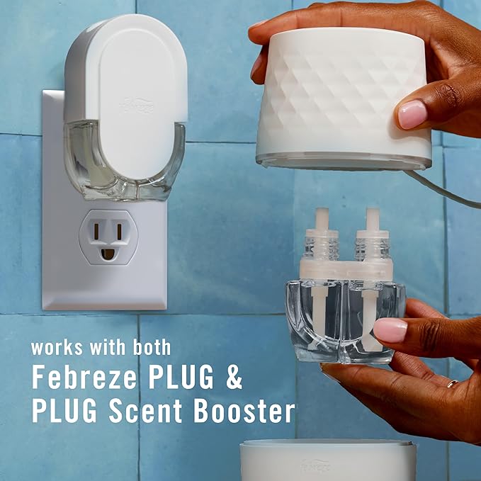 Febreze Plug Scent Booster Starter Kit, Oil Diffuser, Air Freshener Plug in, Continuous Scent Device + 2 Gain Original Refills