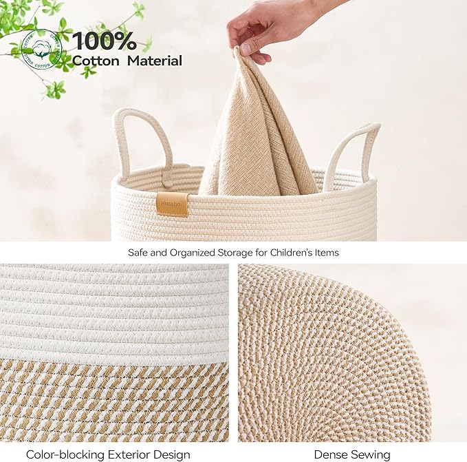 Laundry Hamper 75L,Large Laundry Basket for Clothes,Decorative Storage Basket for Blankets,Cotton Rope Woven basket for bedroom,Brown White