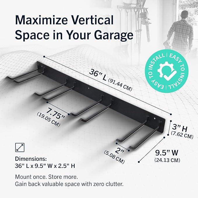 StoreYourBoard Wall-Mounted Rack With 4 Garage Hooks – Heavy-Duty Steel Holder Garage & Garden Storage for Shed, Workshop, or Home Organization – For Rakes, Shovels, Tools & More – 1 Pack, Black