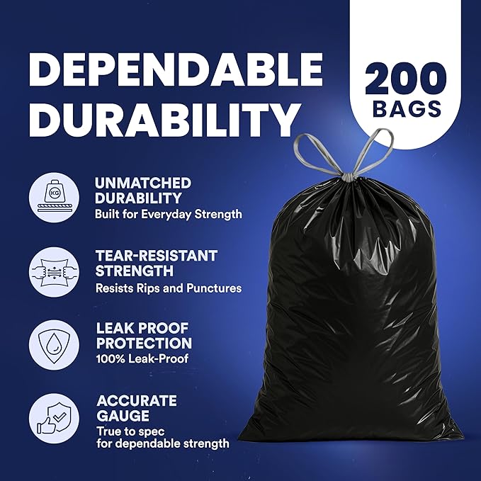 Plasticplace 13 gallon Extra Tall Drawstring Kitchen Trash Bags | Black 1.2 Mil, 24"W x 31"H (200Count)