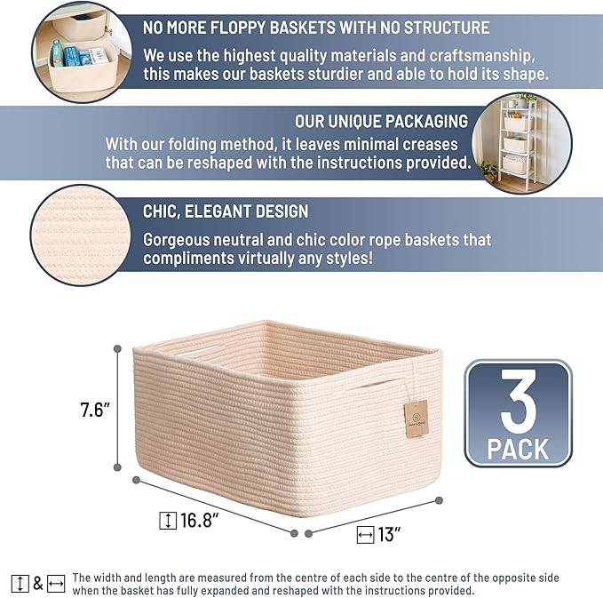 NaturalCozy Storage Baskets 16.8”x13”x7.6” Cotton Rope Woven Baskets for Organizing 3-Pack | Toy Storage Bins | Basket for Shelves, Laundry, Blanket, Clothes, Closet, Kitchen, Bathroom, Gifts