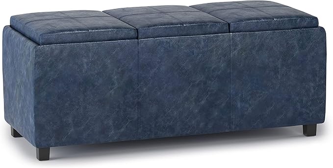 SIMPLIHOME Avalon 42 inch Wide Contemporary Rectangle Storage Ottoman in Denim Blue Vegan Faux Leather, Assembled, for the Living Room, Entryway and Family Room