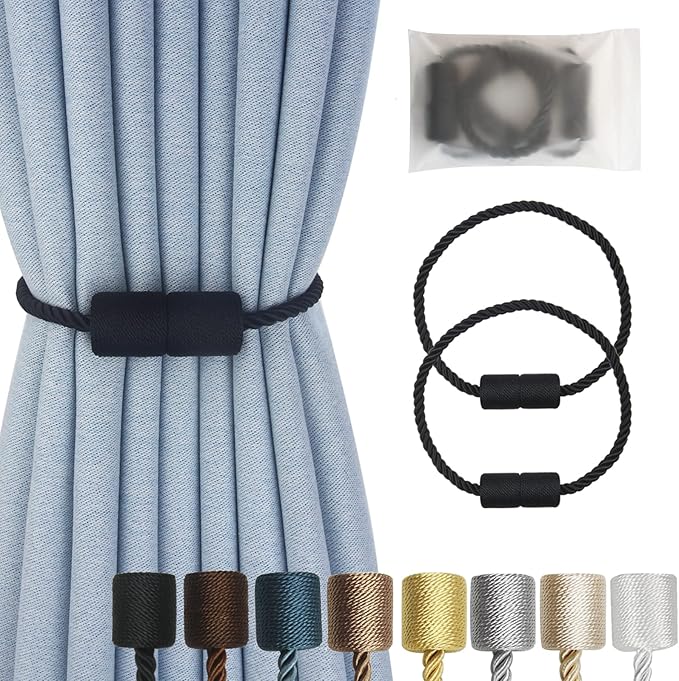 Magnetic Curtain Tiebacks 2 Pack Black Curtain Rope Tieback Curtain Holders for Drapes Modern Tie Backs Decorative Curtain Holdbacks