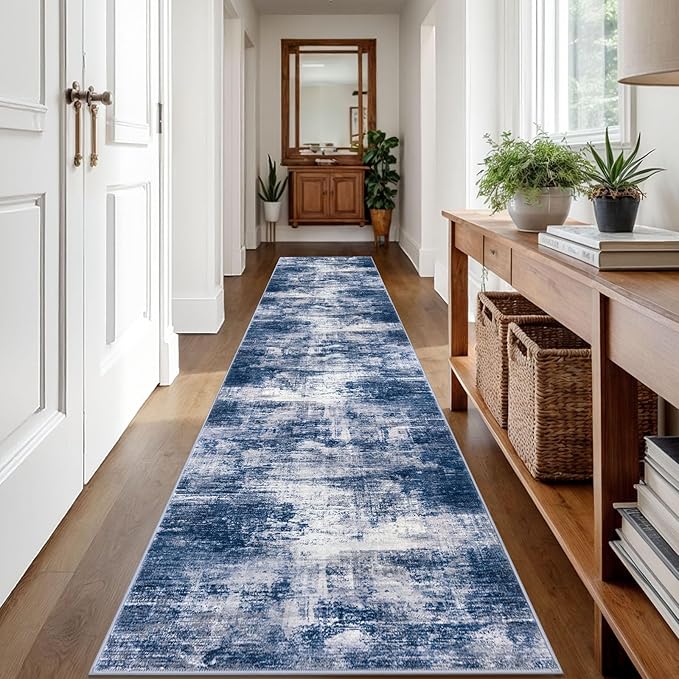 IOHOUZE Abstract Runner Rug 2x12 Ft Washable Runners for Hallways, Non Slip Kitchen Runner Printed Faux Wool Entryway Runner Indoor, Modern Abstract Floor Carpet for Hall Kitchen, Navy/Grey