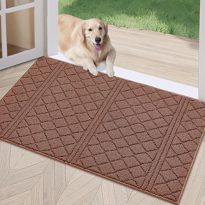 REFETONE Indoor Doormat, Front Back Door Mat 24"x36" Rubber Backing Non Slip Mats, Absorbent Resist Dirt Entrance Rugs for Entryway, Washable Low-Profile Inside Floor Mat for Muddy Shoes, Chocolate