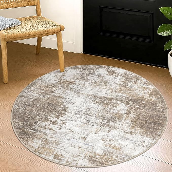 IOHOUZE Round Area Rug 3 Ft Circle Entryway Rugs Round Washable Door Mat Indoor Entrance, Non Slip Circle Front Door Rug, Printed Abstract Faux Wool Floor Carpet for Foyer Porch Sink, Beige Brown