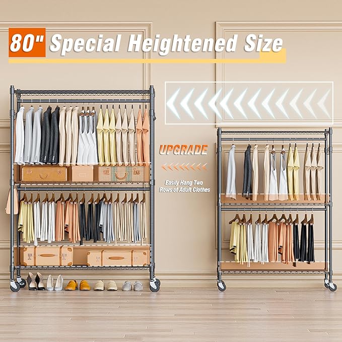 Homdox Heavy Duty Rolling Clothing Rack, Adjustable Garment Rack with 3 Tier Storage Shelves, Freestanding Closet Wardrobe for Hanging Clothes with Side Hooks, Gray