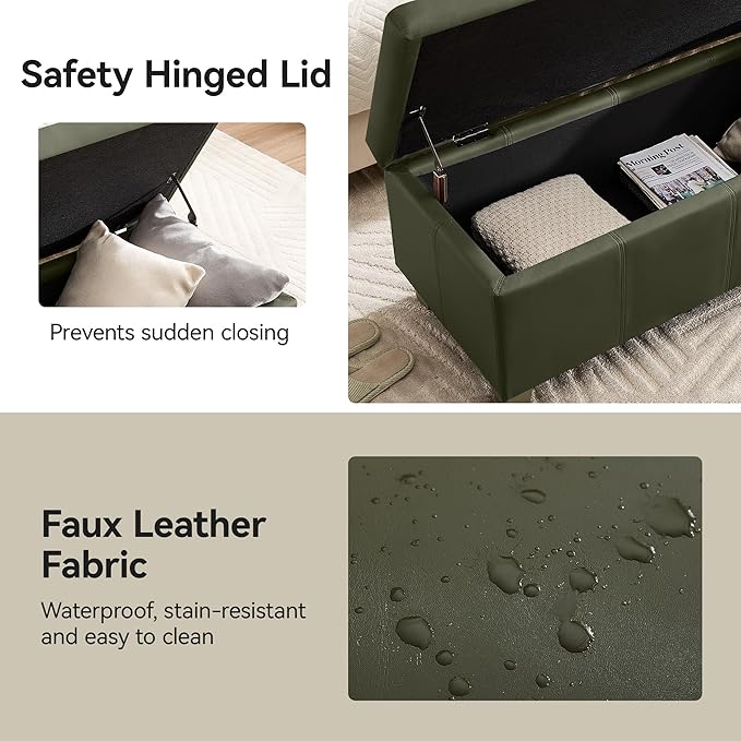 41" Faux Leather Storage Ottoman, Stitch Tufted Rectangle Upholstered End of Bed Storage Bench, Entryway Large Couch Ottoman with Wooden Legs,Green