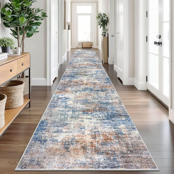 IOHOUZE Abstract Runner Rug 3x18 Ft Extra Long Washable Runners for Hallways, Non Slip Kitchen Runner Printed Faux Wool Entryway Runner Indoor, Modern Abstract Floor Carpet for Hall Stair, Blue Rust