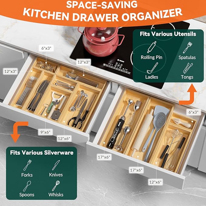 Bamboo Drawer Organizer, Cutlery Silverware Organizer for Kitchen Drawer, Stackable Utensil Organizer, 2 Pcs Flatware Organizer for Drawer, Wooden Storage Box Tray (Bamboo, 9 X 6 X 2 Inch)