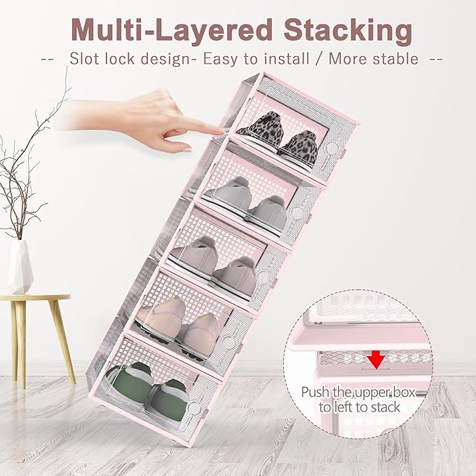 Kuject Shoe Organizers Storage Boxes for Closet, 12 Pack Clear Plastic Stackable Storage Bins with Lids, Under Bed Shoe Containers for Entryway, Drop Front, Fit up to Women's Size 10,Pink