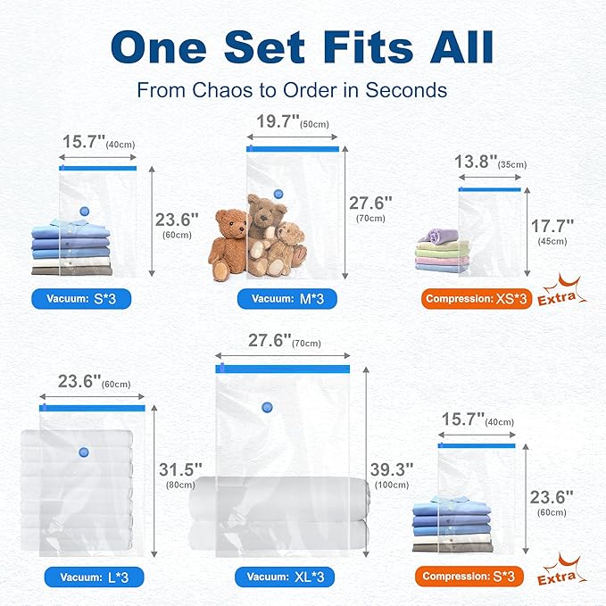 HOUSE DAY 18 Pack Vacuum Storage Bags with Electric Pump, Valve, Space Saver Vacuum Seal Bags for Clothing, Comforters, and Travel Essentials 3 Jumbo,3 Large,3 Medium,3 Small/3 Small,3 XS Roll Up Bag
