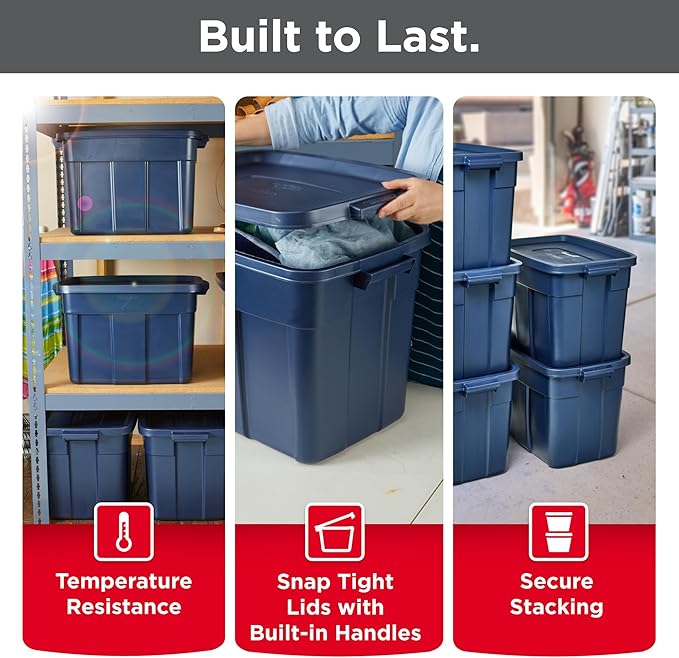 Rubbermaid Roughneck Tote 18 Gal, 6 Pack, Made in USA, Dark Indigo Metallic, Rugged Plastic Stackable Storage Bins with Lids and Handles