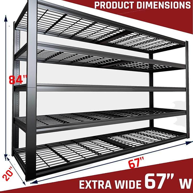 68" W Garage Shelving Heavy Duty, 5 Tier Garage Shelves, Adjustable Storage Shelving Unit, Commercial Metal Shelf for Warehouse, Pantry, School, Shop, 68" Wx20 Dx84 H, 2 Pack