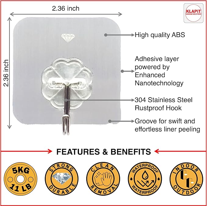 KLAPiT Super Hook - Heavy-Duty Adhesive Wall Hooks, Holds Up to 11 lbs, Waterproof, No Damage, Easy Install on Tile, Wood, Stone, Glass & Metal - Made of Steel (Clear, 4pc)